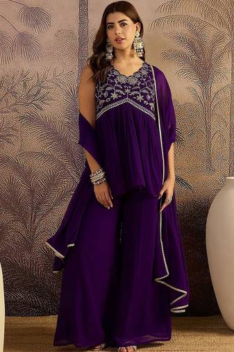 embroidered v-neck a-line kurti & palazzos with dupatta