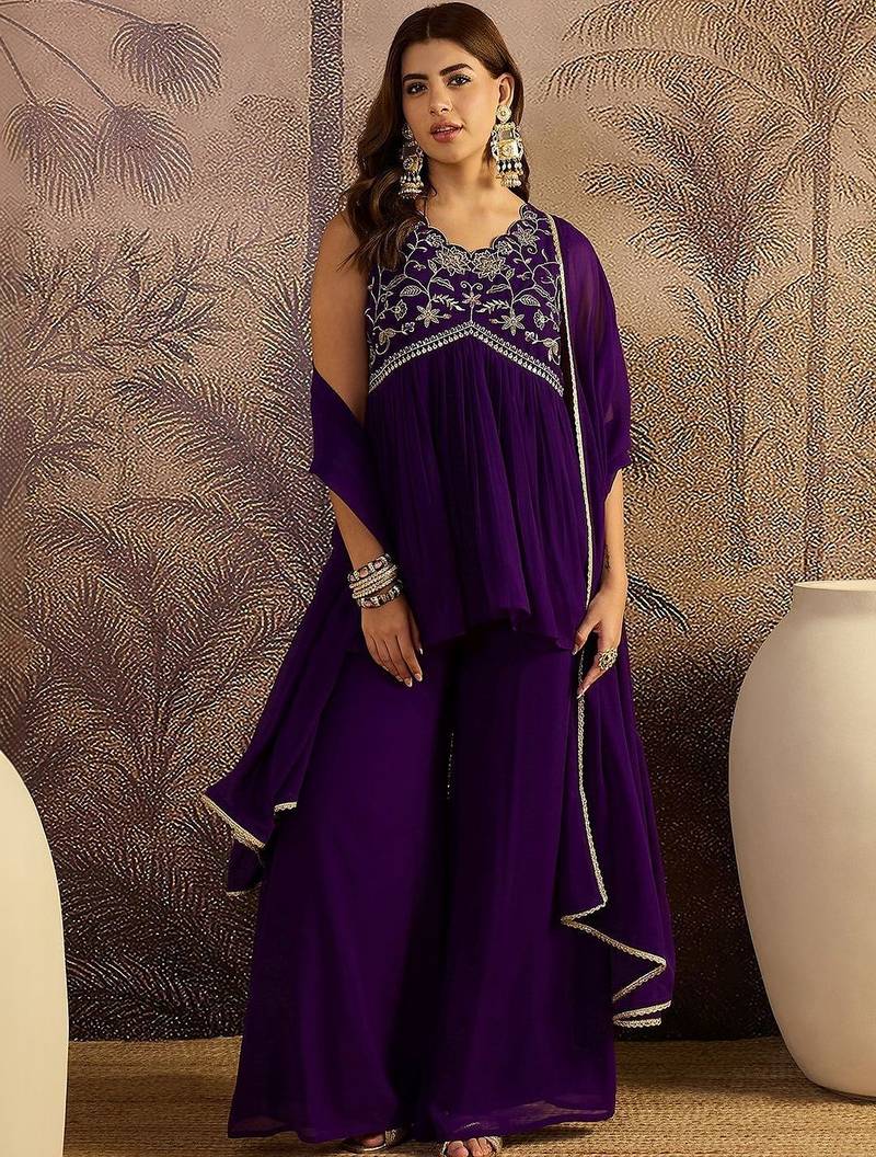 embroidered v-neck a-line kurti & palazzos with dupatta