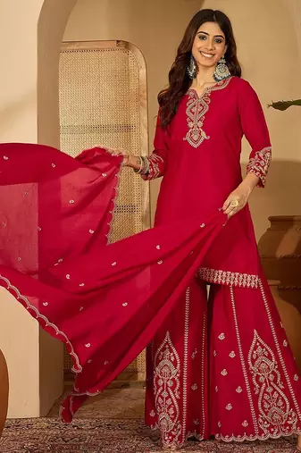 zari sequence embroidered kurta with trousers & dupatta