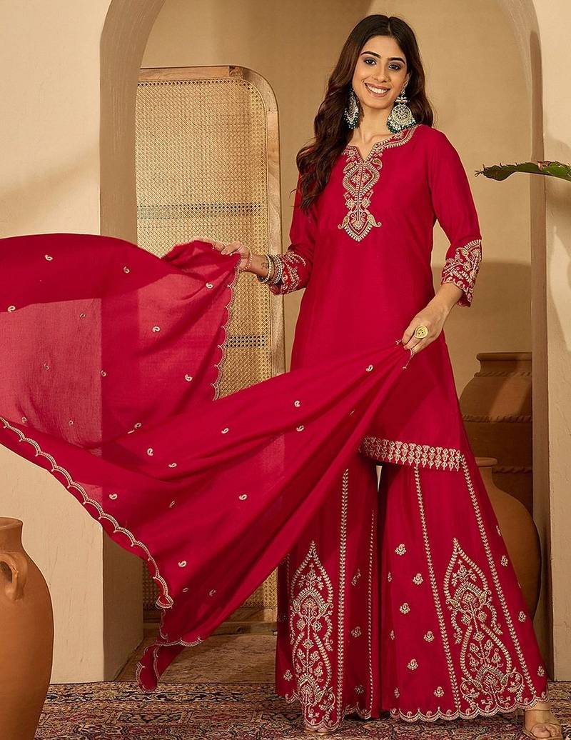 zari sequence embroidered kurta with trousers & dupatta