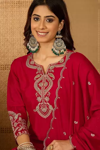 zari sequence embroidered kurta with trousers & dupatta