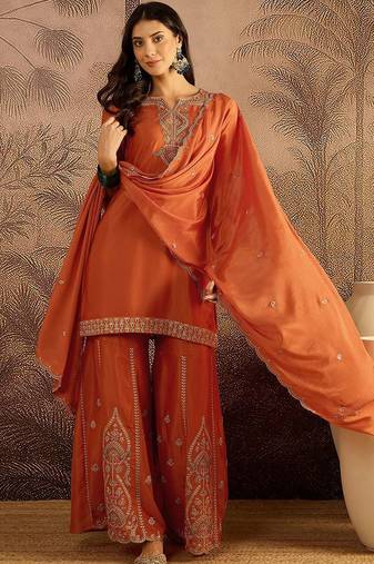 zari sequence cording embroidered kurta with palazzo and dupatta