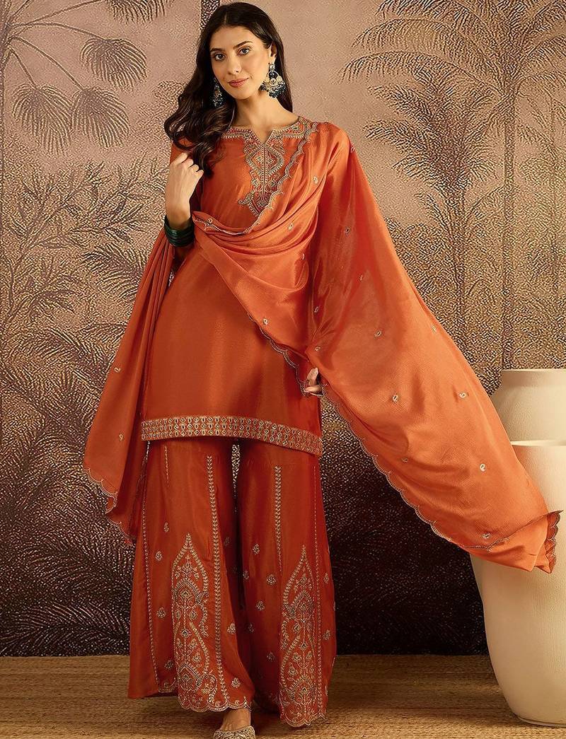 zari sequence cording embroidered kurta with palazzo and dupatta