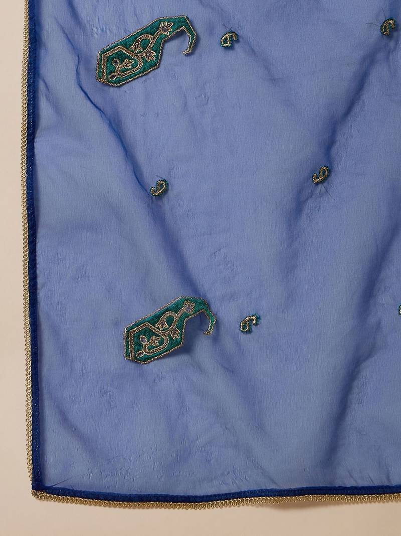 embroidered round neck straight kurta & trousers with dupatta
