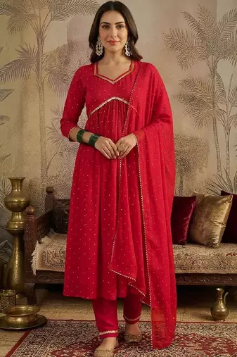 women printed  v-neck kurta with trousers & dupatta