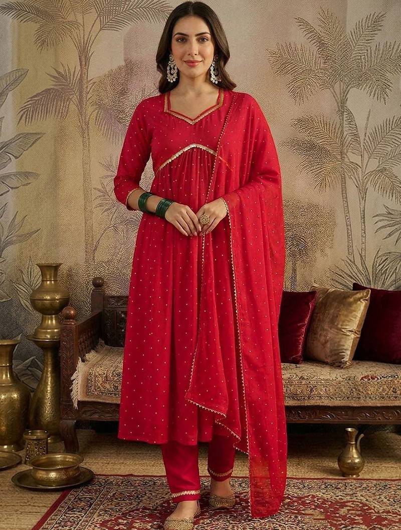 women printed  v-neck kurta with trousers & dupatta