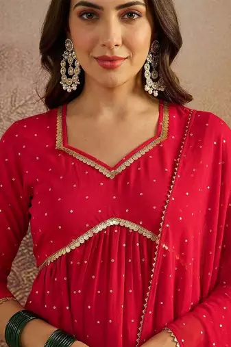 women printed  v-neck kurta with trousers & dupatta