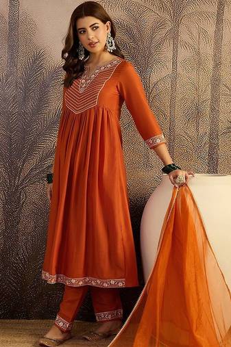 sequence thread embroidered round neck a-line kurta & trousers with dupatta