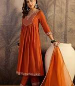sequence thread embroidered round neck a-line kurta & trousers with dupatta