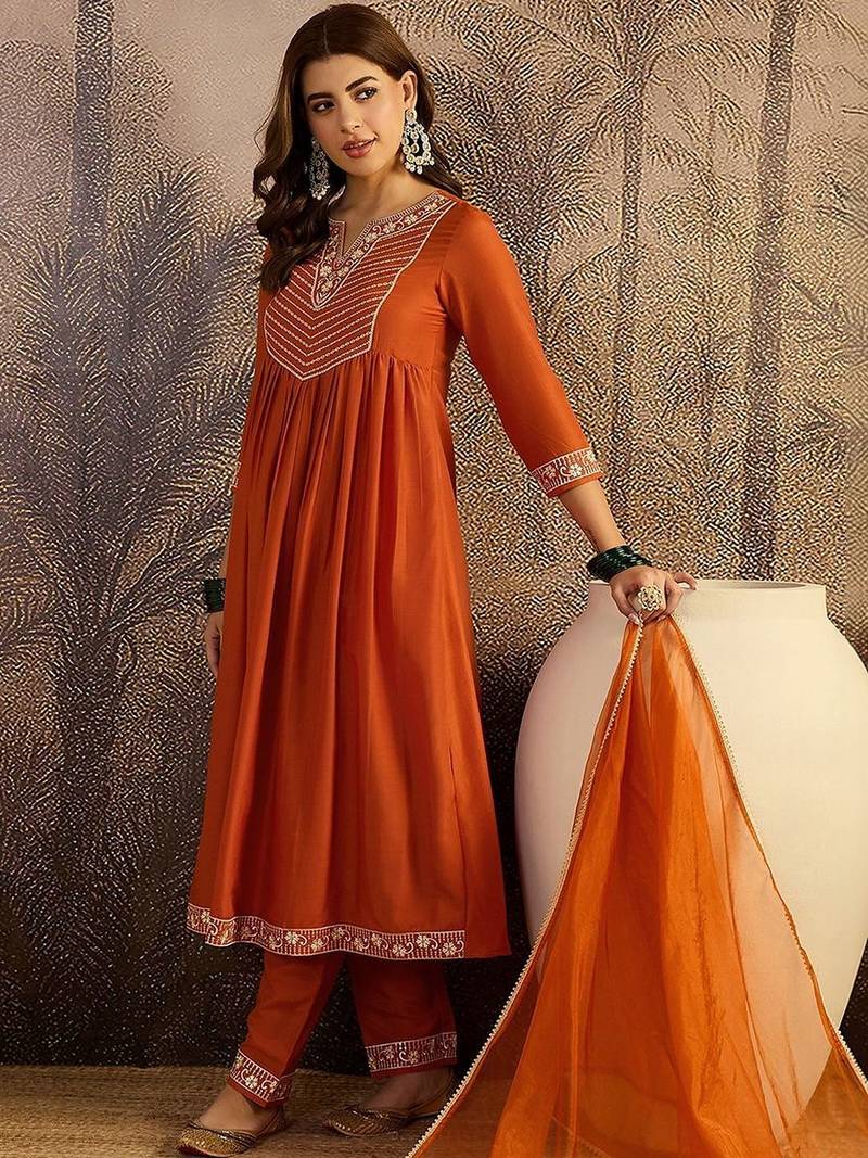 sequence thread embroidered round neck a-line kurta & trousers with dupatta