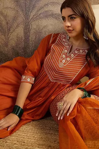 sequence thread embroidered round neck a-line kurta & trousers with dupatta