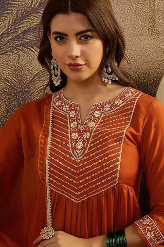 sequence thread embroidered round neck a-line kurta & trousers with dupatta