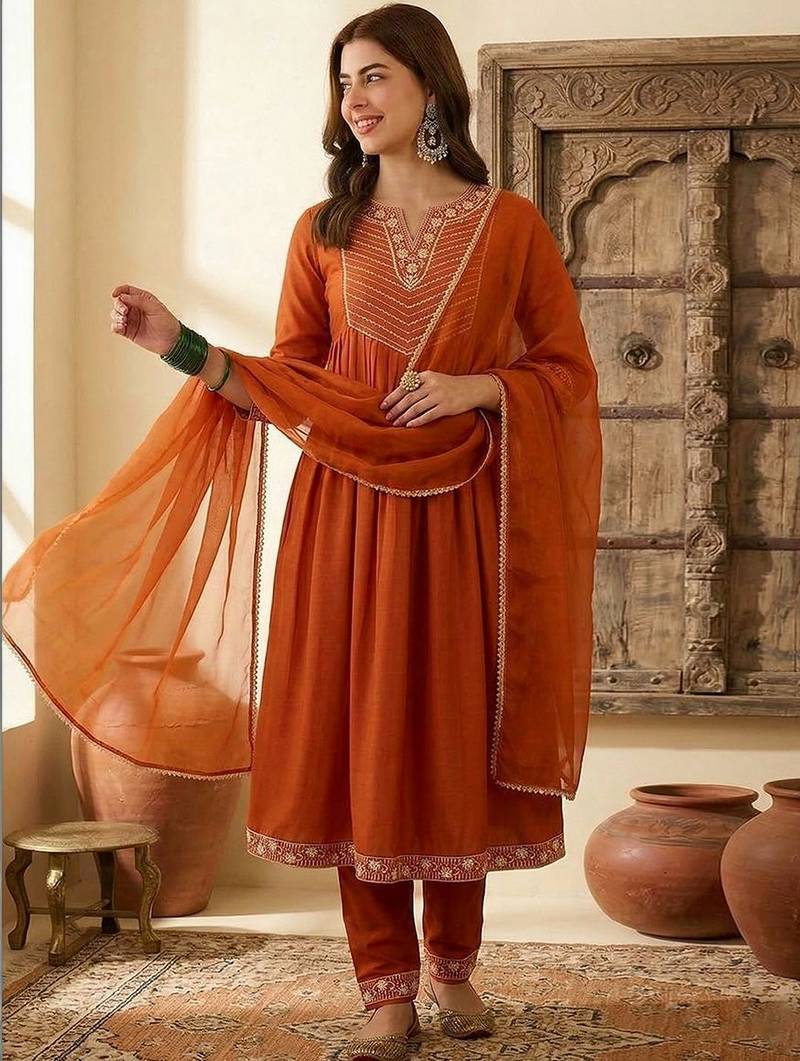 women embroidered round neck kurta with trousers & dupatta