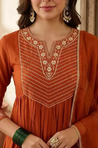 women embroidered round neck kurta with trousers & dupatta