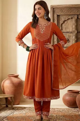 women embroidered round neck kurta with trousers & dupatta