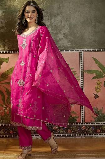 embroidered straight kurta with trousers & dupatta
