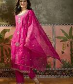 embroidered straight kurta with trousers & dupatta