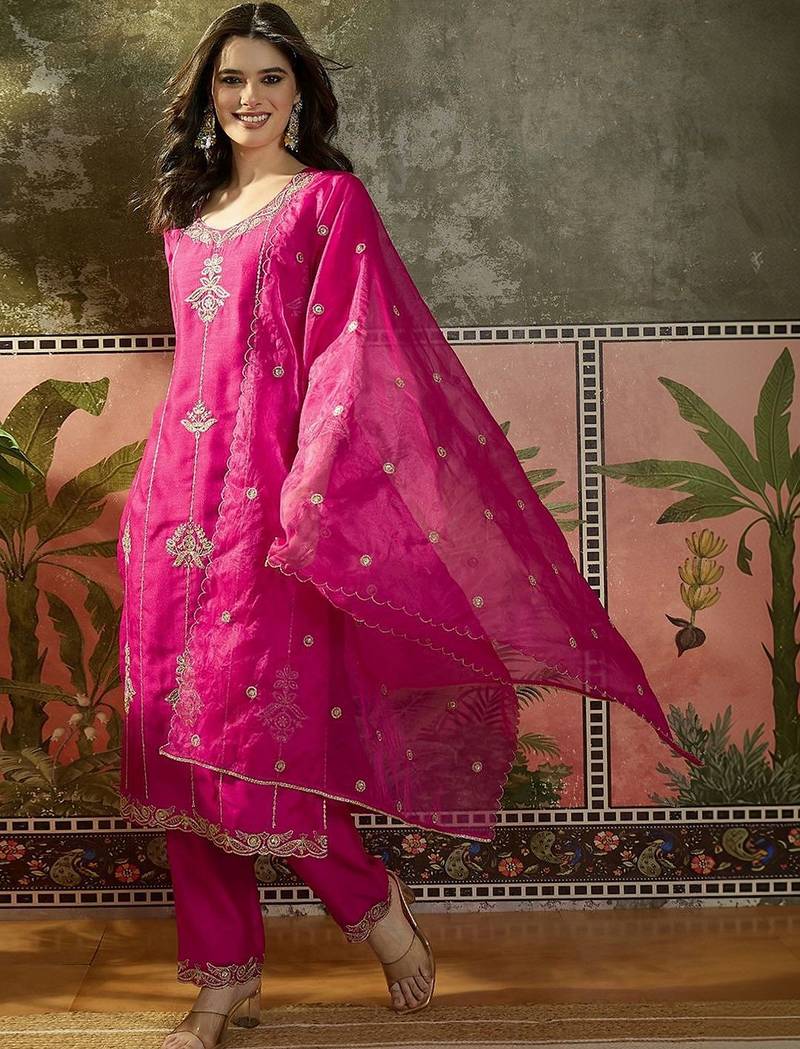 embroidered straight kurta with trousers & dupatta