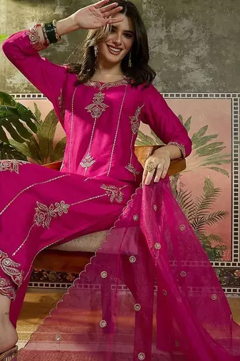 embroidered straight kurta with trousers & dupatta