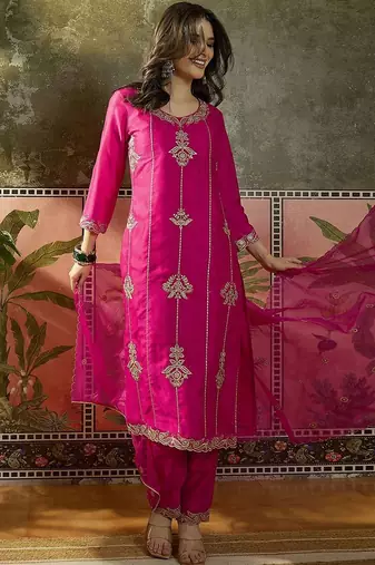 embroidered straight kurta with trousers & dupatta