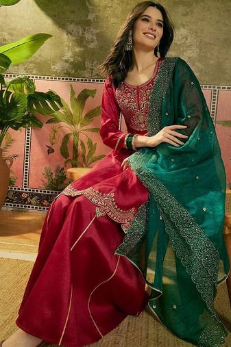 embroidered a-line kurta with palazzo & dupatta