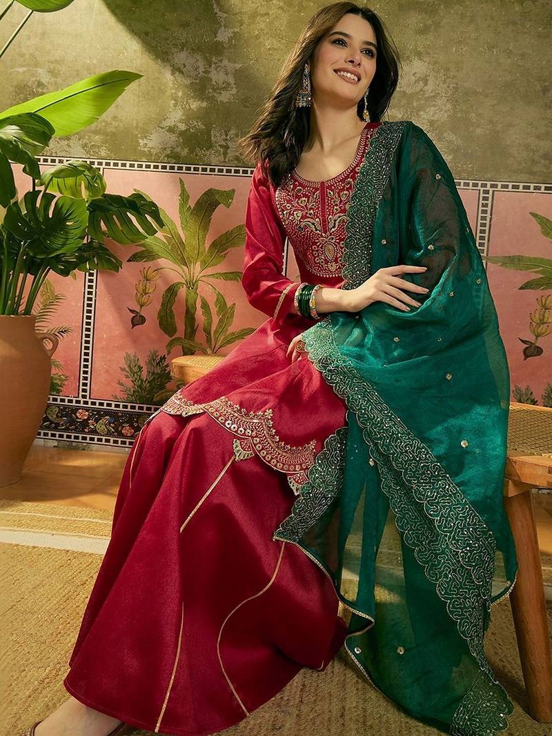 embroidered a-line kurta with palazzo & dupatta
