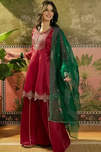 embroidered a-line kurta with palazzo & dupatta