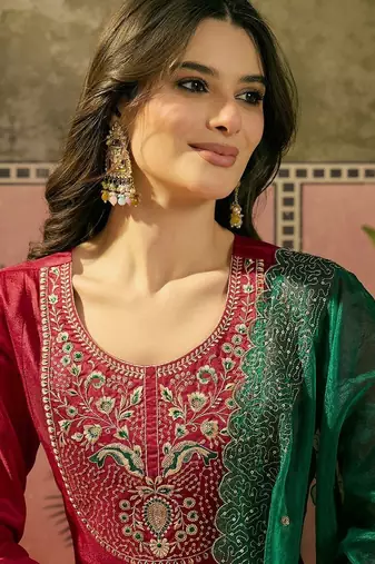 embroidered a-line kurta with palazzo & dupatta