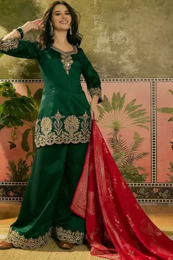 embroidered a-line kurta with palazzo & dupatta