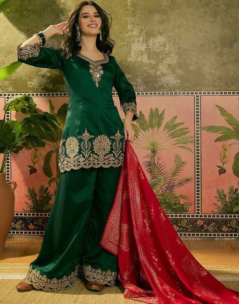 embroidered a-line kurta with palazzo & dupatta