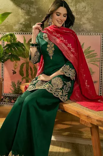 embroidered a-line kurta with palazzo & dupatta