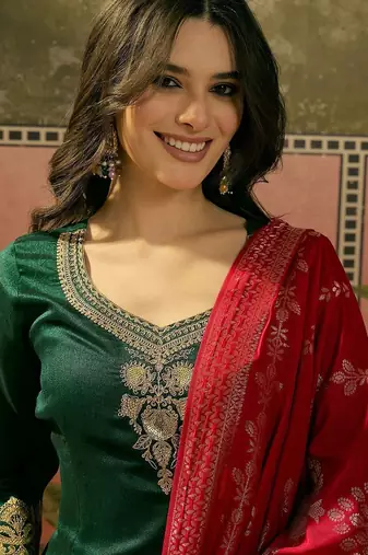 embroidered a-line kurta with palazzo & dupatta