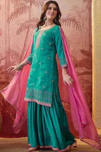 embroidered round neck kurta sharara & dupatta