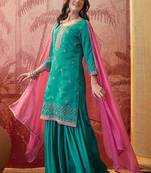 embroidered round neck kurta sharara & dupatta