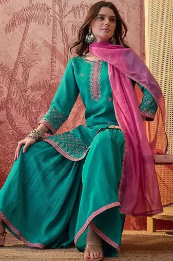 embroidered round neck kurta sharara & dupatta