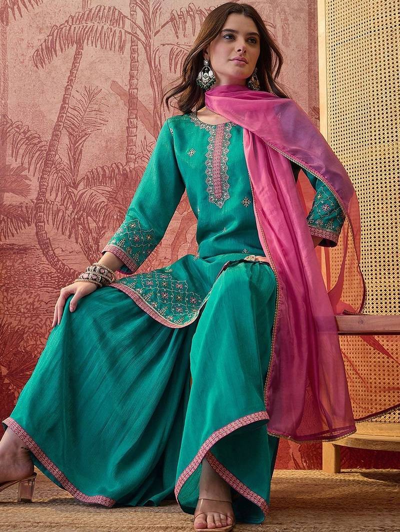 embroidered round neck kurta sharara & dupatta