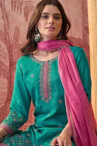 embroidered round neck kurta sharara & dupatta