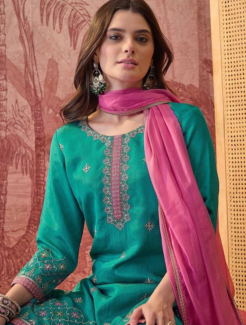 embroidered round neck kurta sharara & dupatta