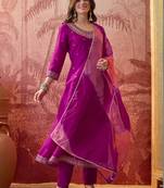 embroidered round neck  kurta trousers & dupatta