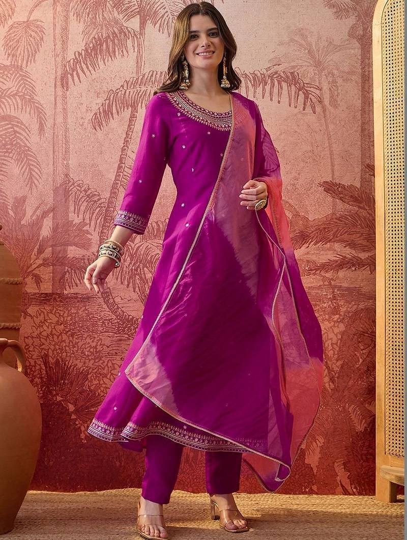 embroidered round neck  kurta trousers & dupatta