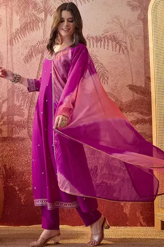 embroidered round neck  kurta trousers & dupatta