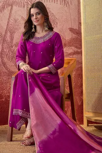 embroidered round neck  kurta trousers & dupatta
