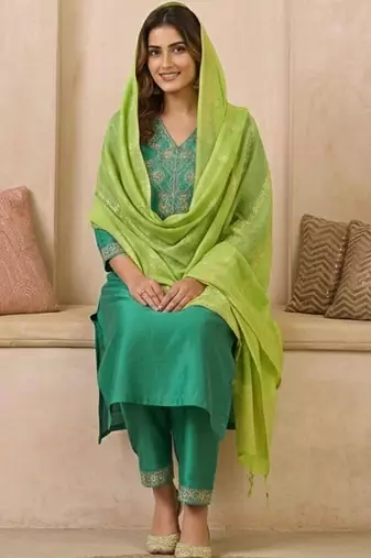 embroidered v-neck straight kurta & trousers with dupatta