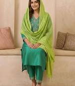 embroidered v-neck straight kurta & trousers with dupatta