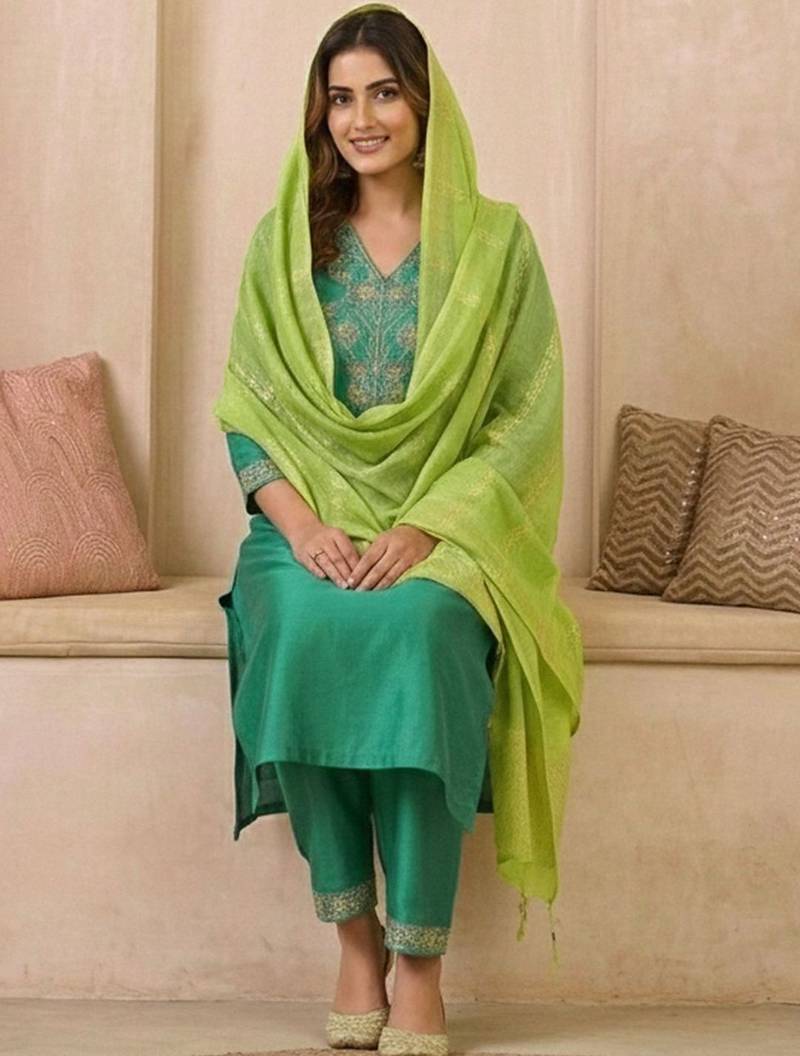 embroidered v-neck straight kurta & trousers with dupatta