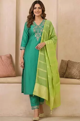 embroidered v-neck straight kurta & trousers with dupatta