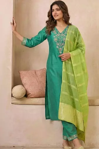 embroidered v-neck straight kurta & trousers with dupatta