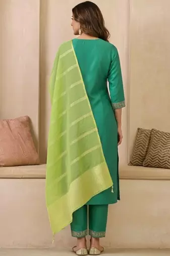 embroidered v-neck straight kurta & trousers with dupatta