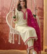 embroidered v-neck  kurta trousers & dupatta