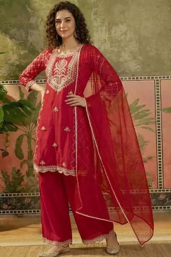 embroidered round neck straight kurta & palazzos with dupatta